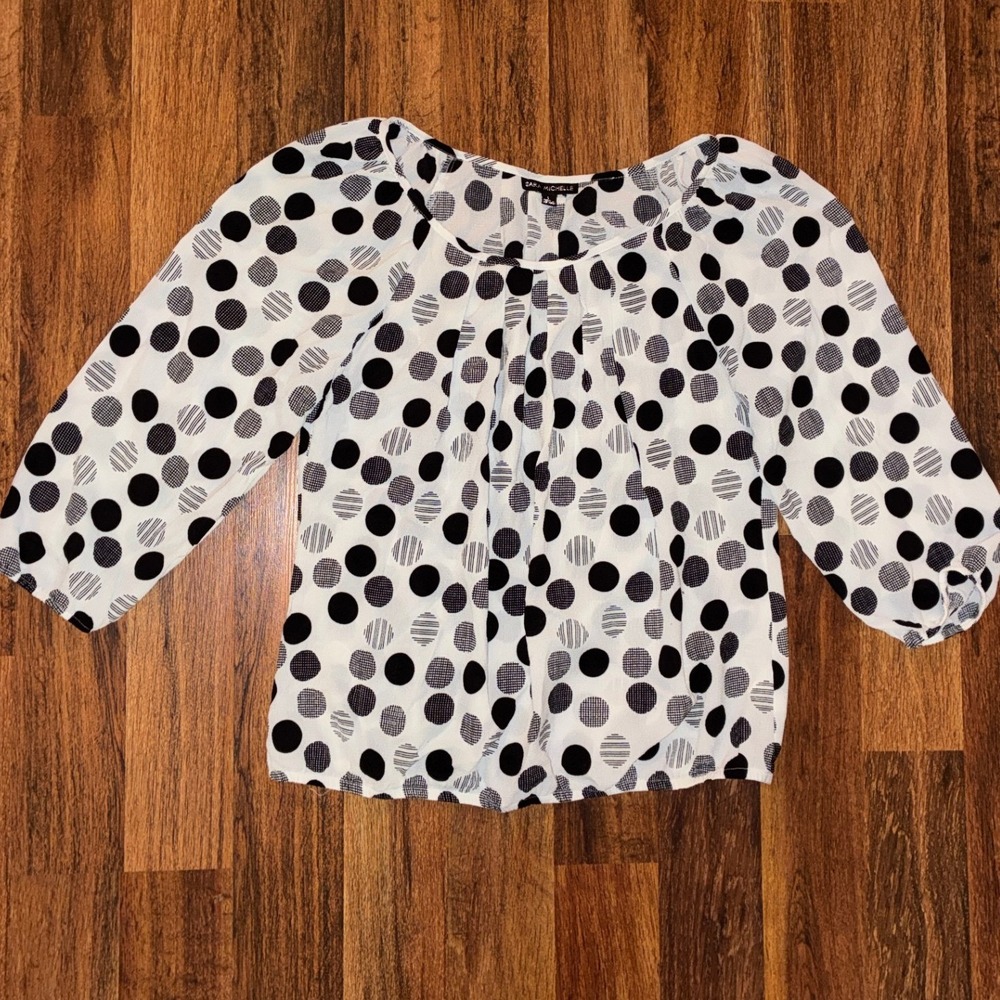 Sara Michelle Womens Black White Polka Dot Scoop Neck 3/4 Sleeve Blouse Large